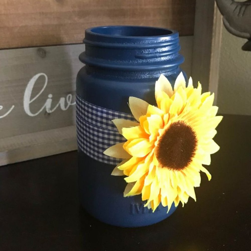 Handmade Royal Blue Mason Jar w/Blue & White Checkered Ribbon & Bold Sunflower